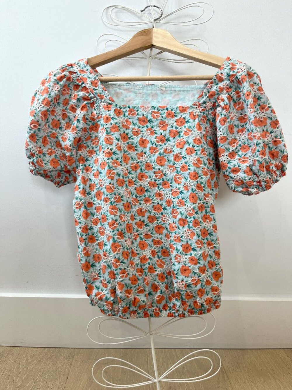 Floral Print Embroidered Puff Sleeve Top pale blue and orange